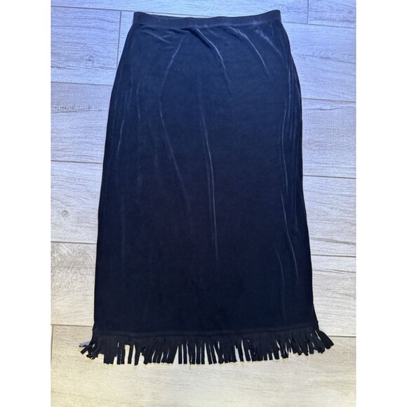 Black Fringe Pencil Skirt With Asymmetrical Design & Velvet-Like Finish By Miras - Picture 6 of 6